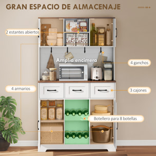 Alacena de Cocina Alta, Mueble Auxiliar de Cocina, Botellero para 8 Botellas, 4 Puertas, 3 Cajones, Estantes Abiertos, Encimera Amplio, 4 Ganchos, Orificio para Cables, Blanco, 100x38x172 cm