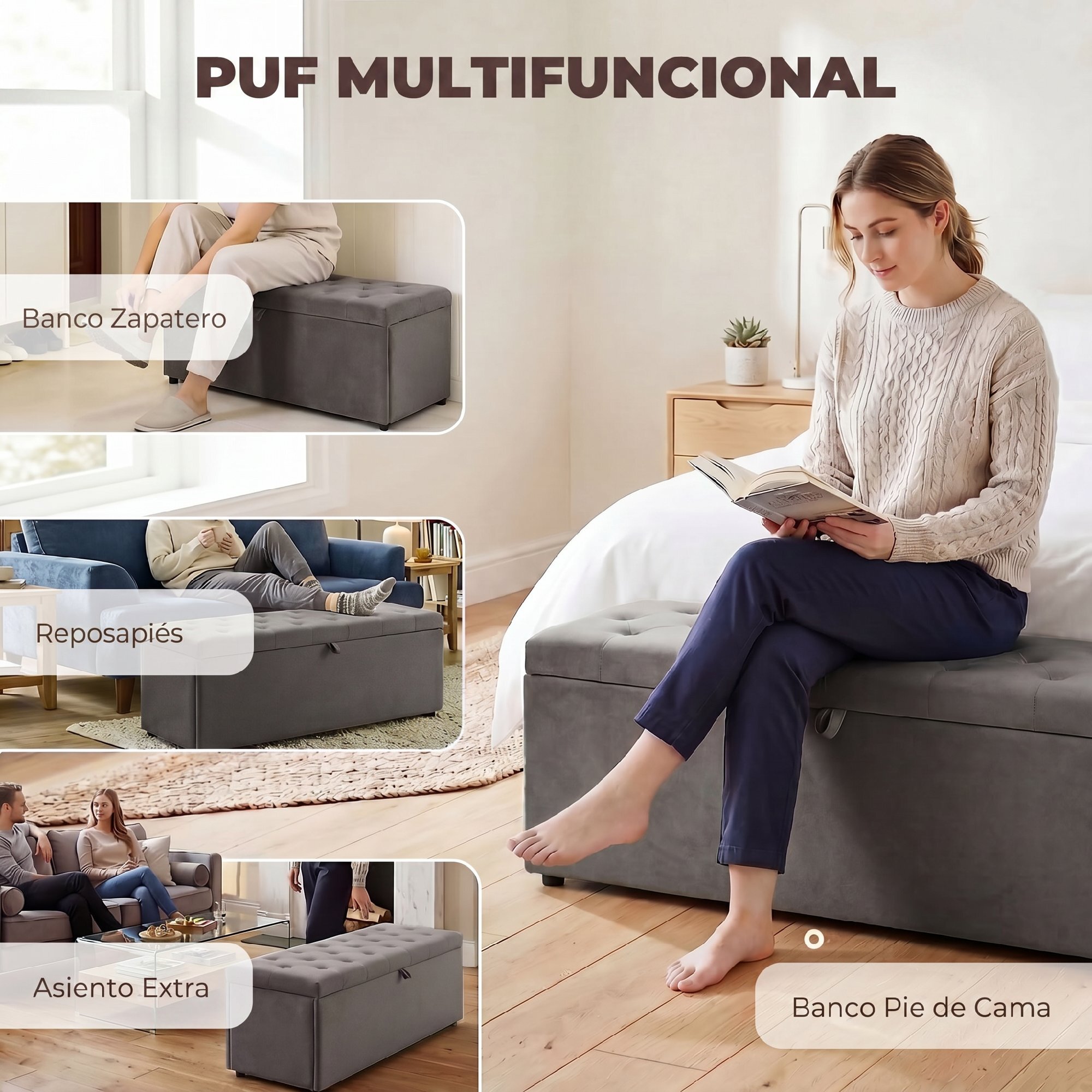 Puff Almacenaje, Banco Almacenaje, 141L, 137x41x42 cm, Tapizado en Terciopelo, Baúl de Almacenamiento, Carga 240 kg, Taburete para Sala de Estar, Dormitorio, Entrada, Gris