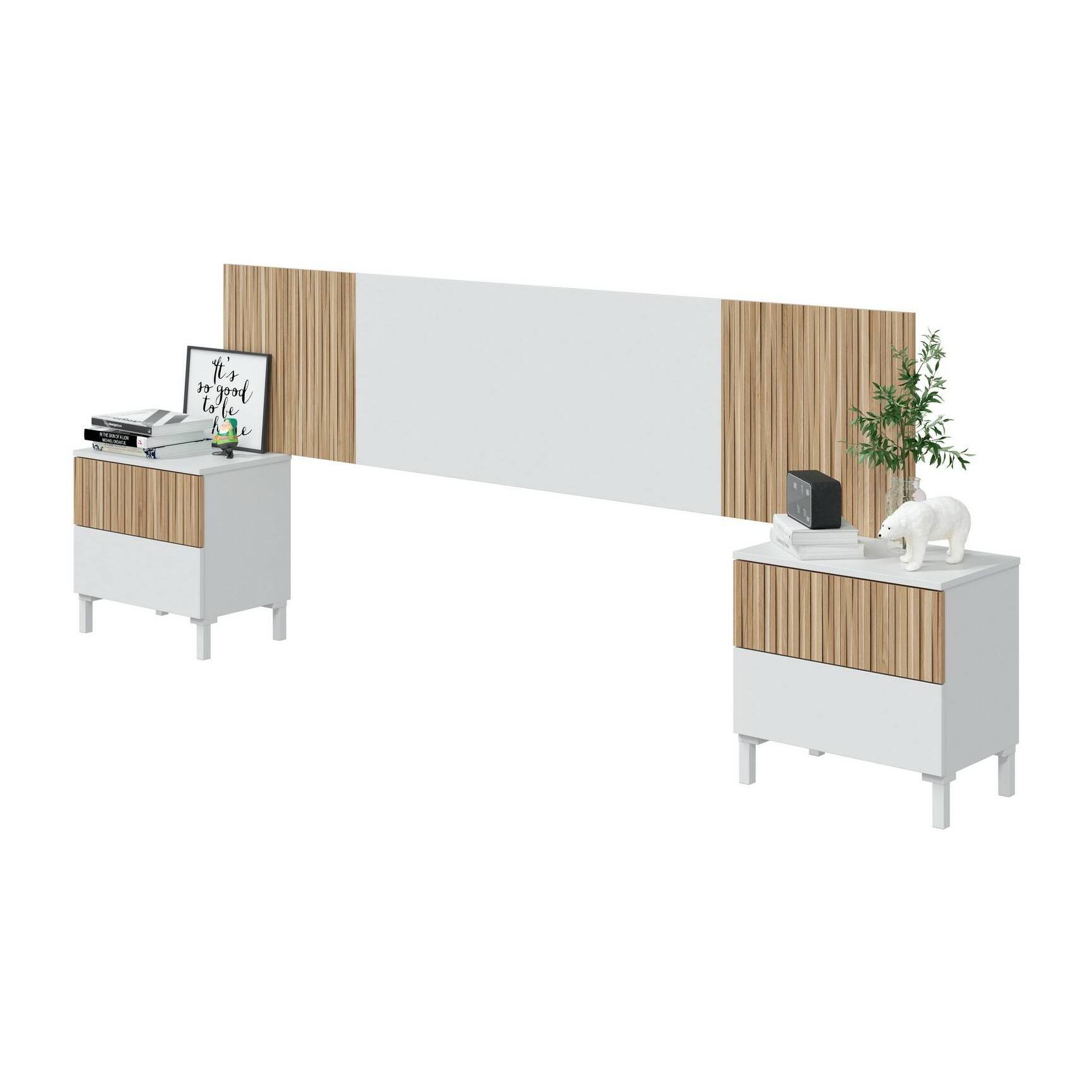 Testiera letto Unala, Spalliera, Testata per camera da letto, Poggiatesta, 216x3 h50 cm, Bianco e Rovere