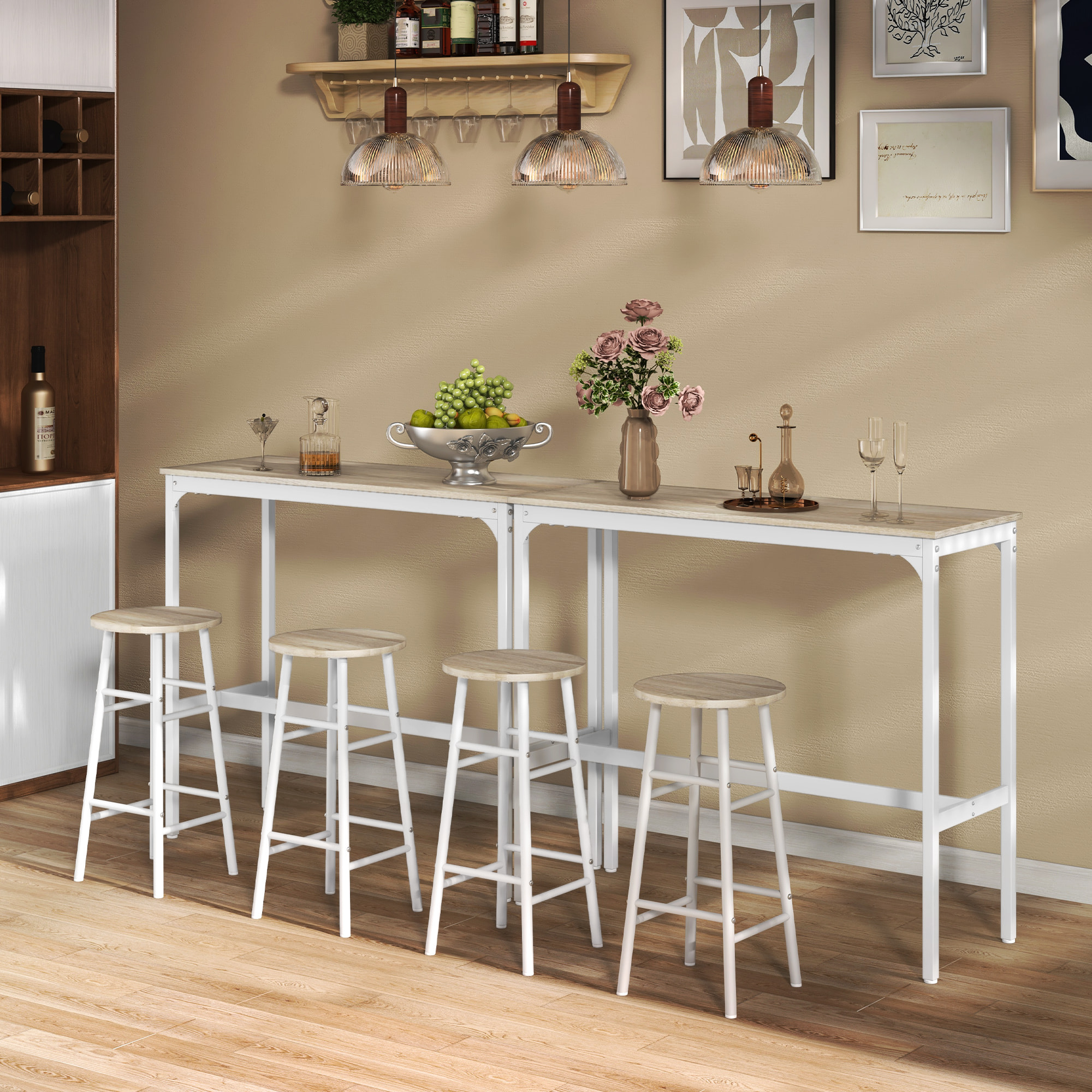 Ensemble 2 places 3 pièces design contemporain - table de bar, 2 tabourets de bar - acier blanc aspect bois blanc