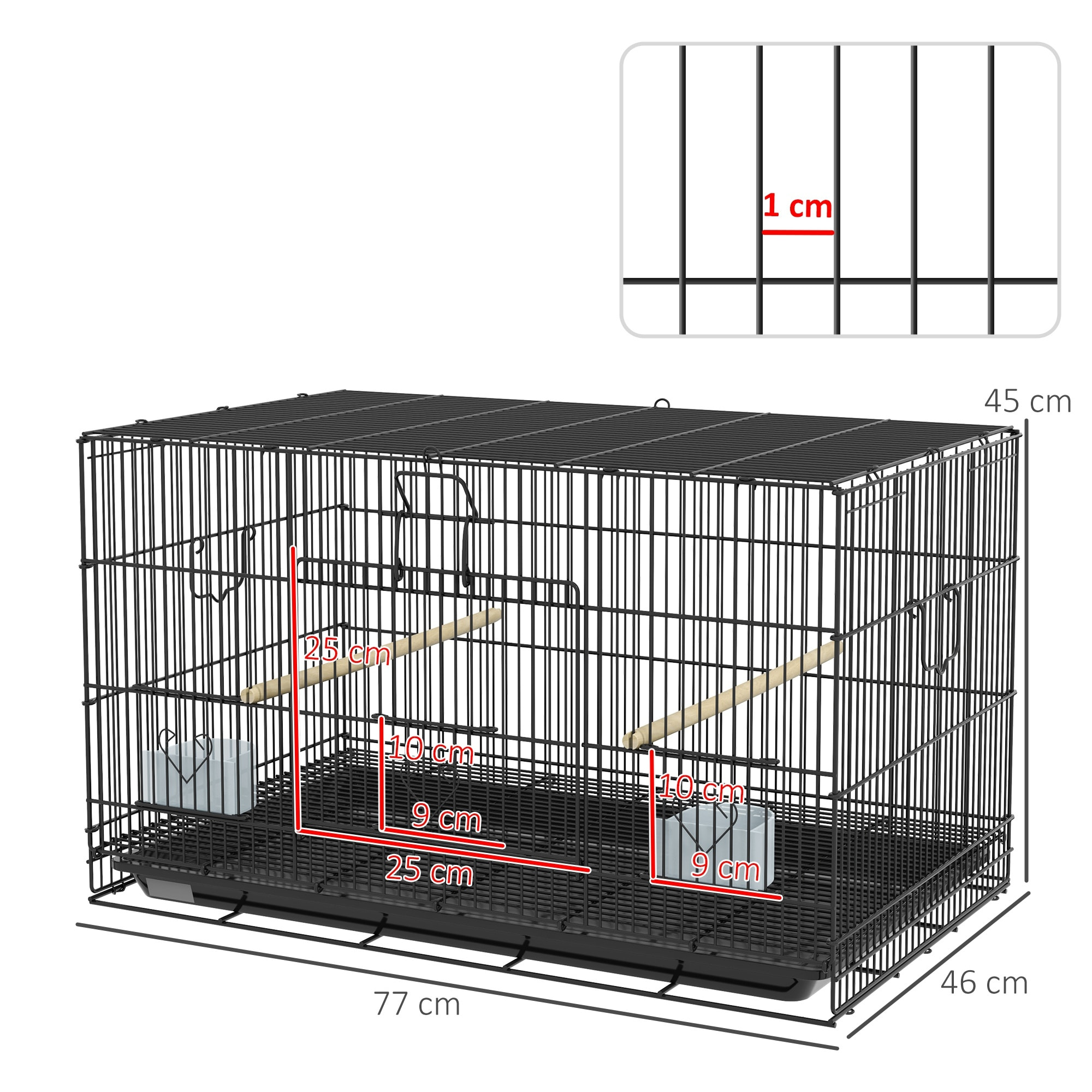 Jaula para Pájaros 77x46x45 cm Jaula Metálica para Aves con Bandeja Extraíble 2 Perchas 2 Comederos para Periquitos Canarios Negro