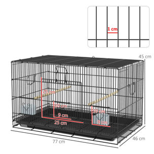 Jaula para Pájaros 77x46x45 cm Jaula Metálica para Aves con Bandeja Extraíble 2 Perchas 2 Comederos para Periquitos Canarios Negro