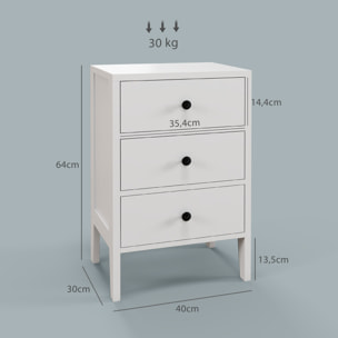 Lot de 2 tables de chevet style néo-rétro - 3 tiroirs coulissants, poignées boutons métal noir - blanc