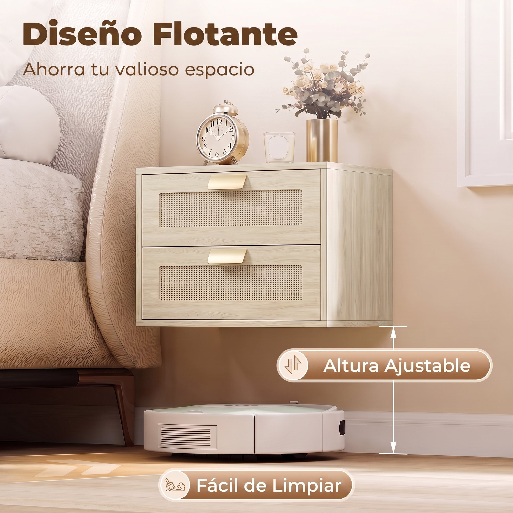 Juego de 2 Mesitas de Noche Flotantes, Mesillas de Noche con 2 Cajones con Frente de Ratán Natural, Diseño Moderno, para Dormitorio, 40x30x27,6 cm, Roble