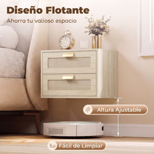 Juego de 2 Mesitas de Noche Flotantes, Mesillas de Noche con 2 Cajones con Frente de Ratán Natural, Diseño Moderno, para Dormitorio, 40x30x27,6 cm, Roble