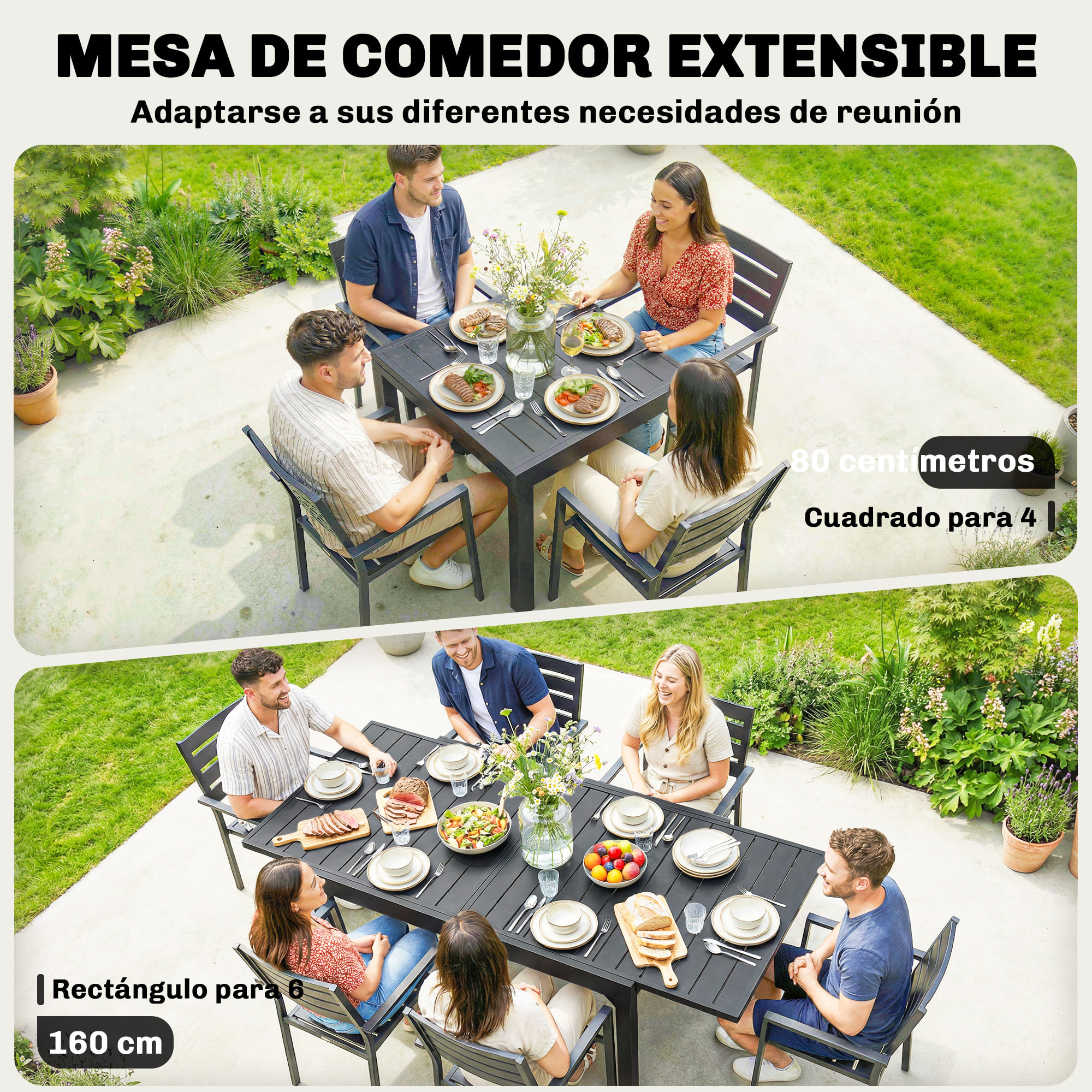 Mesa de Jardín Extensible, Mesa de Comedor Exterior Extensible 80/160x80 cm, de Aluminio, con Superficie de Lamas, Carga 70 kg, Mesita Rectangular para 4-6 Personas, para Patio, Terraza, Negro