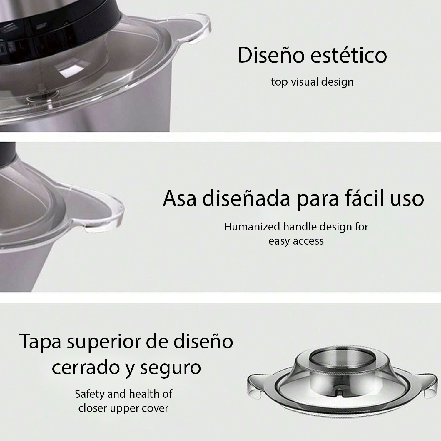 Picadora de carne eléctrica con 300W y recipiente de 2L. Diferentes funciones picado y corte con cuchillas de acero inoxidable.