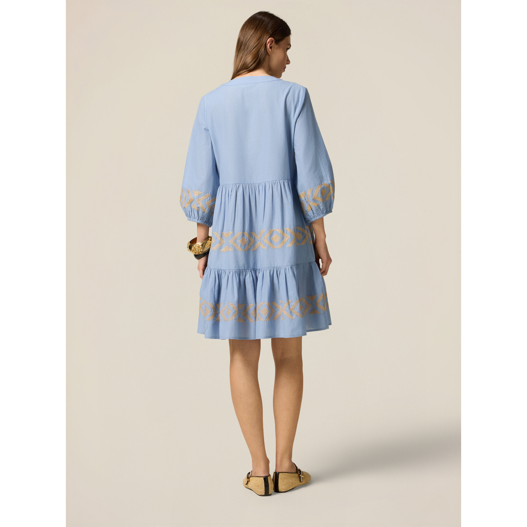 Oltre - Vestito flare in cotone con ricami - Azzurro