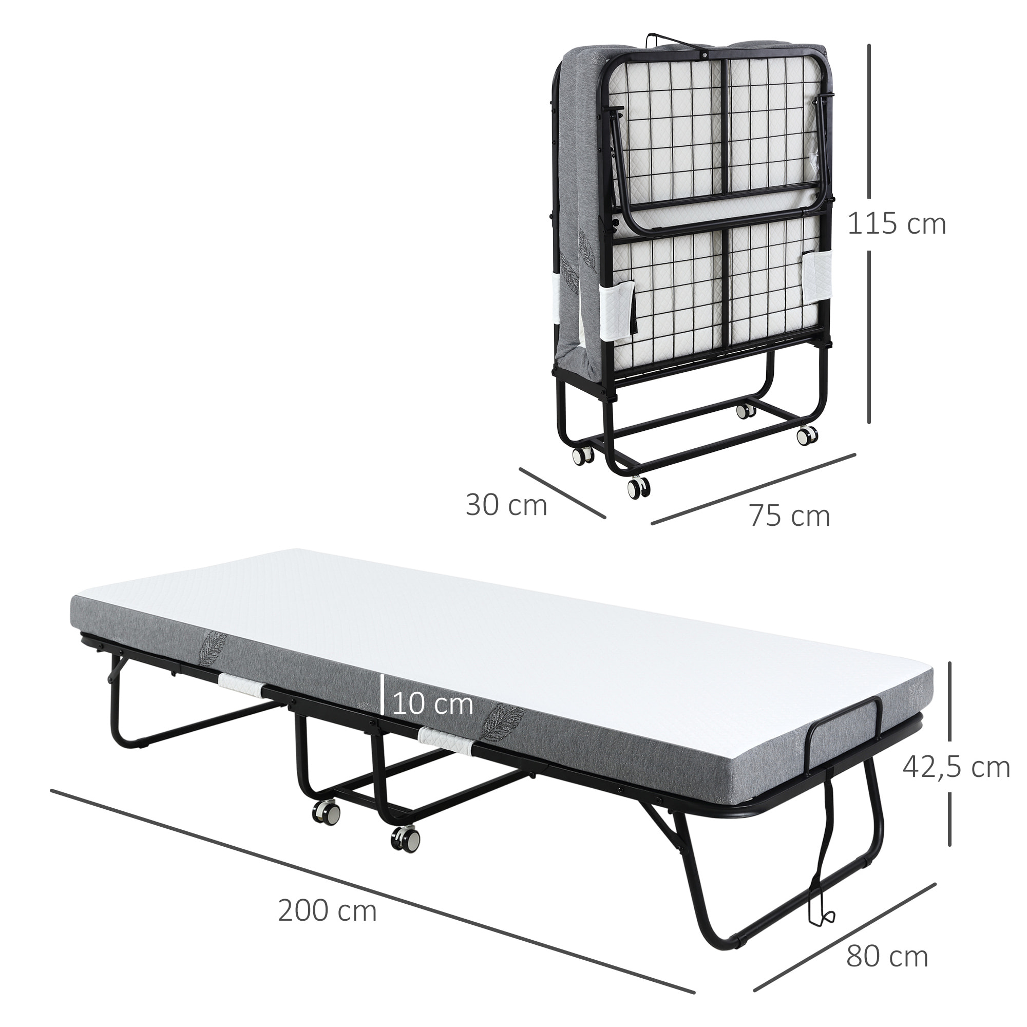 Cama Plegable 200x75x42,5 cm con Colchón Individual Ruedas para Salón Oficina