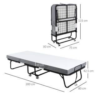 Cama Plegable 200x75x42,5 cm con Colchón Individual Ruedas para Salón Oficina