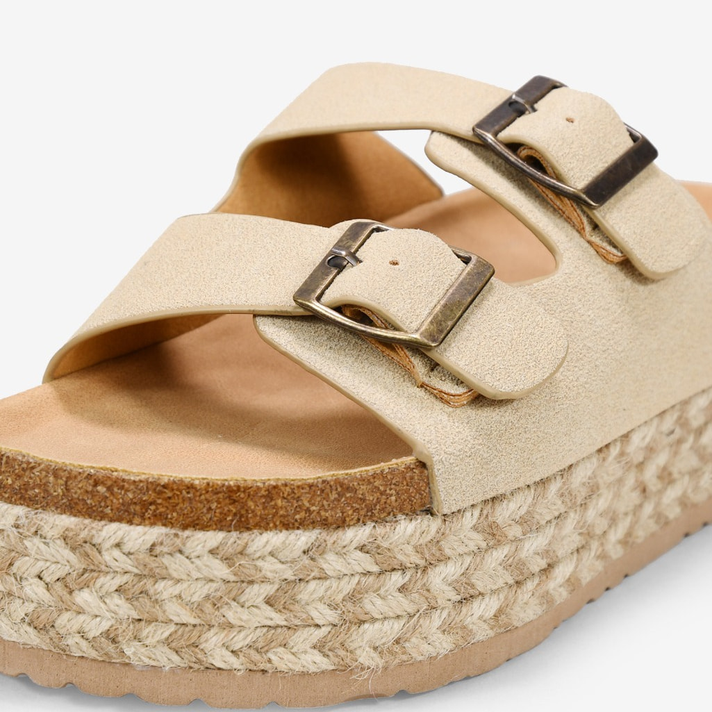 Sandalias de plataforma beige con suela de esparto bicolor