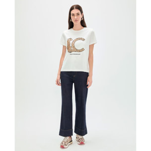 T-shirt bianca con stampa animalier con logo LC