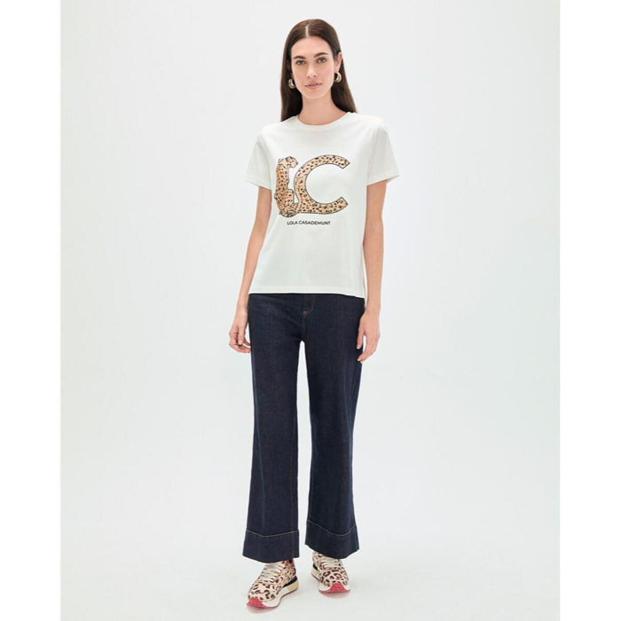 T-shirt bianca con stampa animalier con logo LC