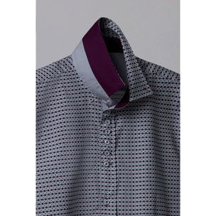 Camicia Uomo 1 Bottoni Button Down Slim Popeline Stampato Grigio Scuro Viola Melanzana