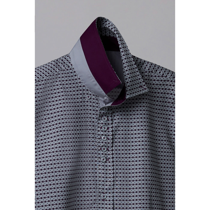 Camicia Uomo 1 Bottoni Button Down Slim Popeline Stampato Grigio Scuro Viola Melanzana