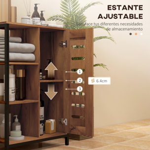 Armario de Baño Estrecho, Columna de Baño con Puerta de Lamas y 3 Compartimentos Abiertos, Estante Ajustable, para Salón, Dormitorio, Entrada, 60x30x85 cm, Marrón Rústico