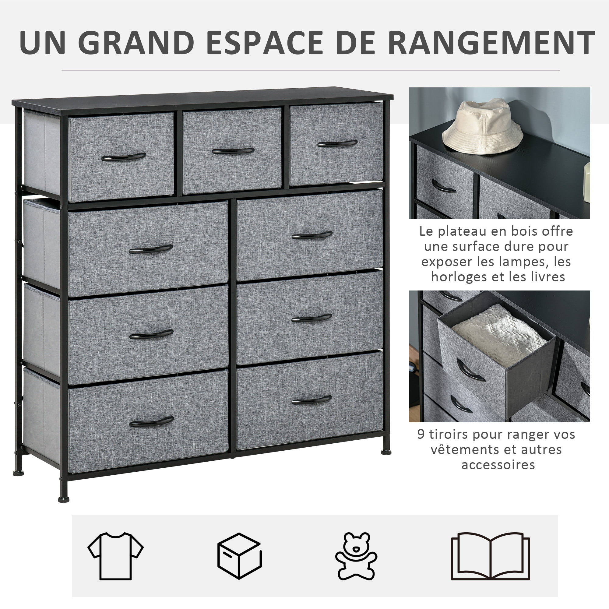 Meuble de rangement commode 9 tiroirs plateau acier MDF non tissé noir gris