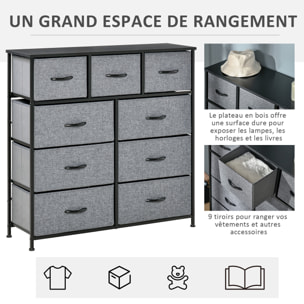 Meuble de rangement commode 9 tiroirs plateau acier MDF non tissé noir gris