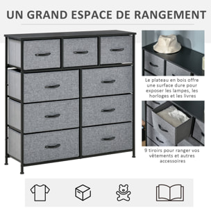 Meuble de rangement commode 9 tiroirs plateau acier MDF noir non tissé gris