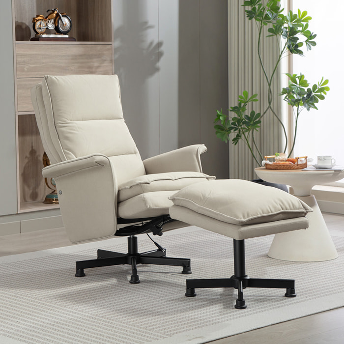 Fauteuil de massage avec repose-pied - style néo-rétro - châssis acier noir aspect lin beige