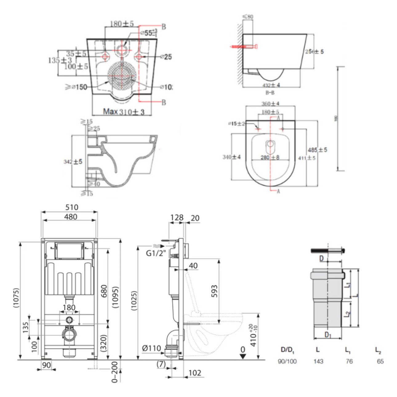 Pack WC Bâti-support Villeroy & Boch + WC sans bride SAT + Plaque blanche + Set d'isolation phonique