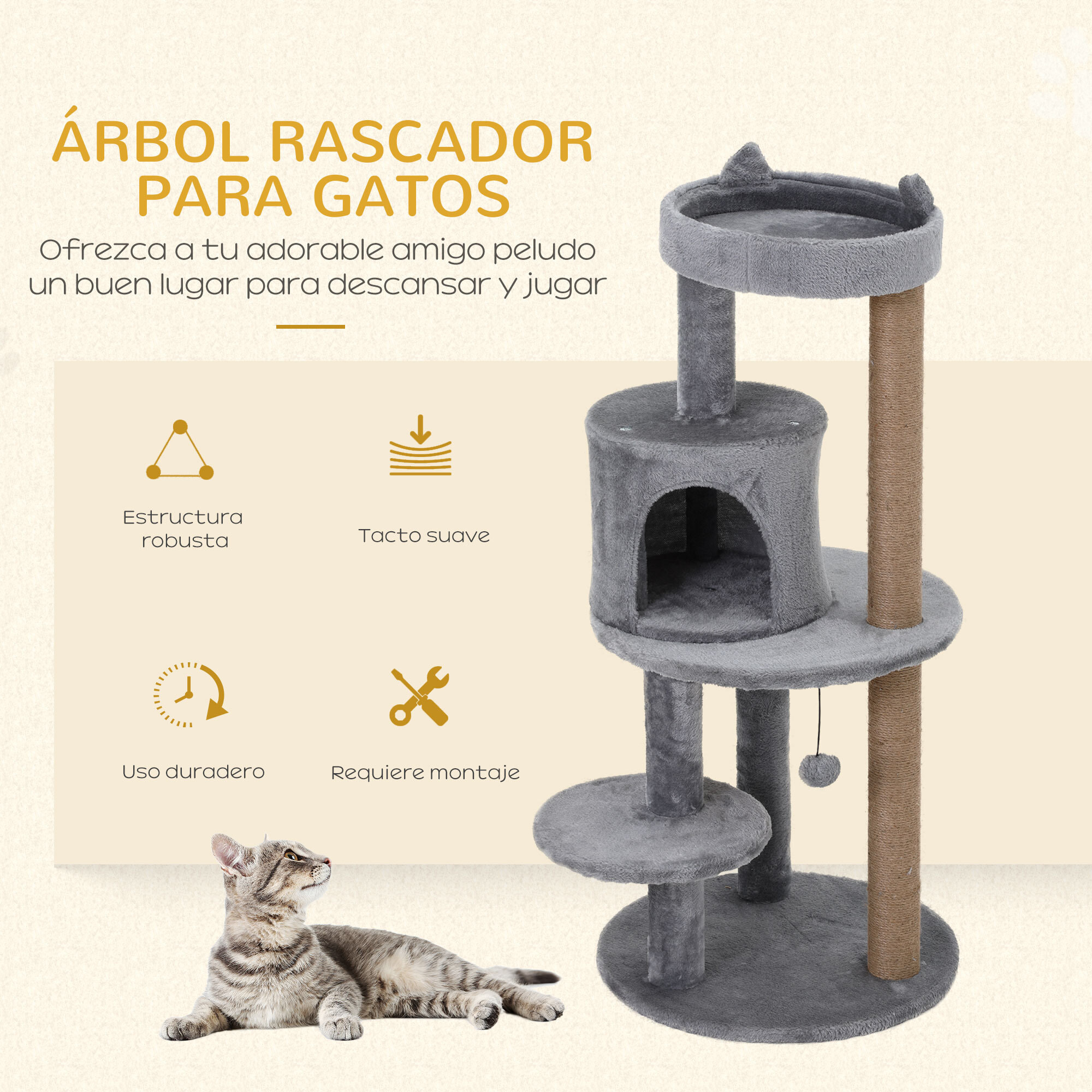 Árbol Rascador para Gatos de 104 cm Rascador para Gatos con Plataformas Refugio Postes de Sisal y Bola Colgante 48x48x104 cm Gris