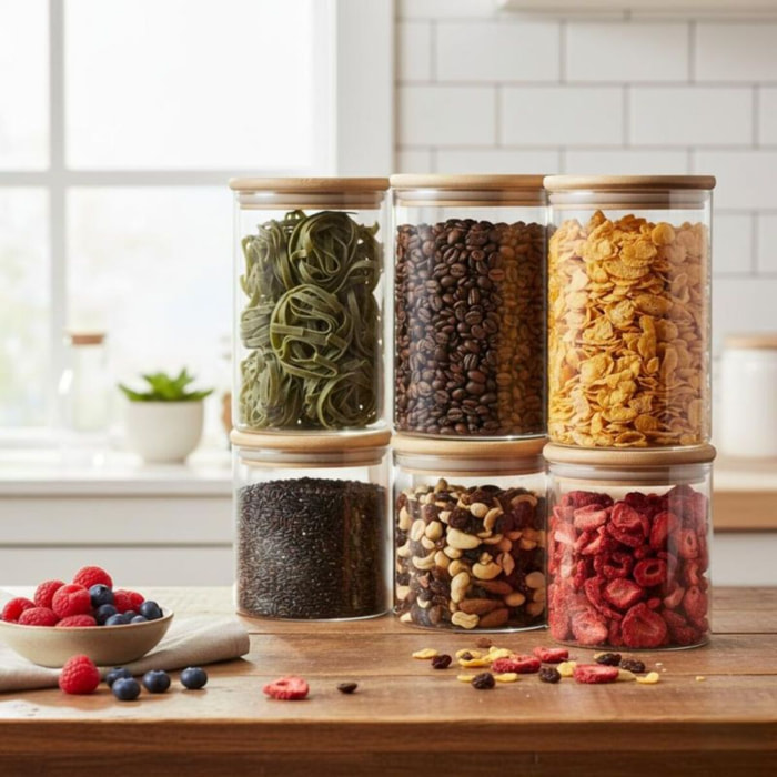 Set 6 bocaux en verre et couvercle en bois de haute qualité Classbach C-VD4029