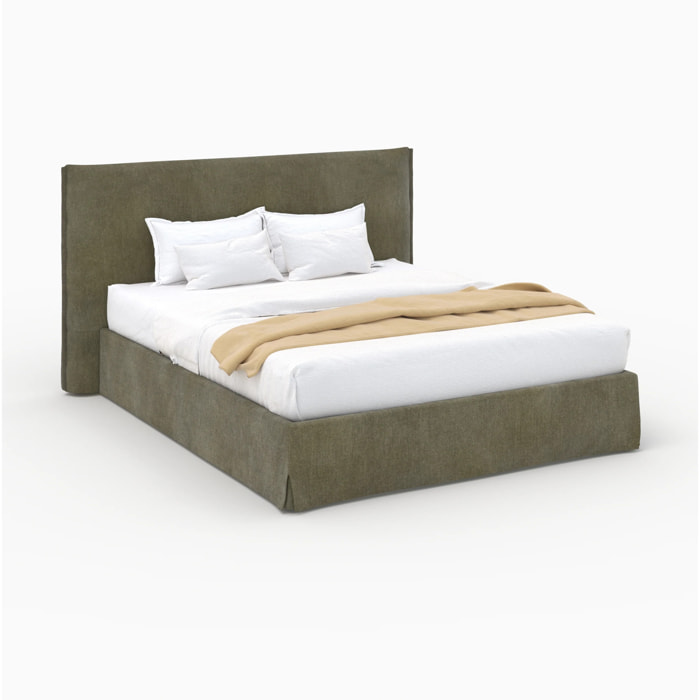 Lit coffre 160x200 cm en tissu vert olive déhoussable - Safia