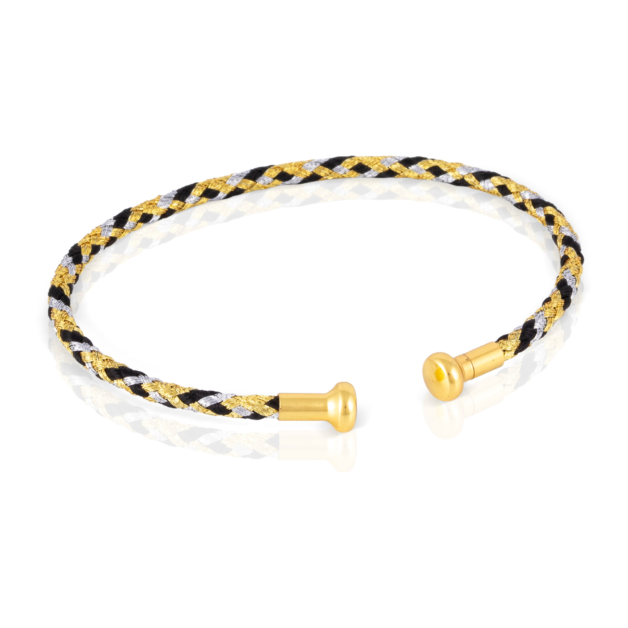 Pack de 6 pulseras rígidas trenzadas de hilo de poliéster relleno de hilo de acero negro, rojo y multicolor con cierre abierto de cobre dorado.