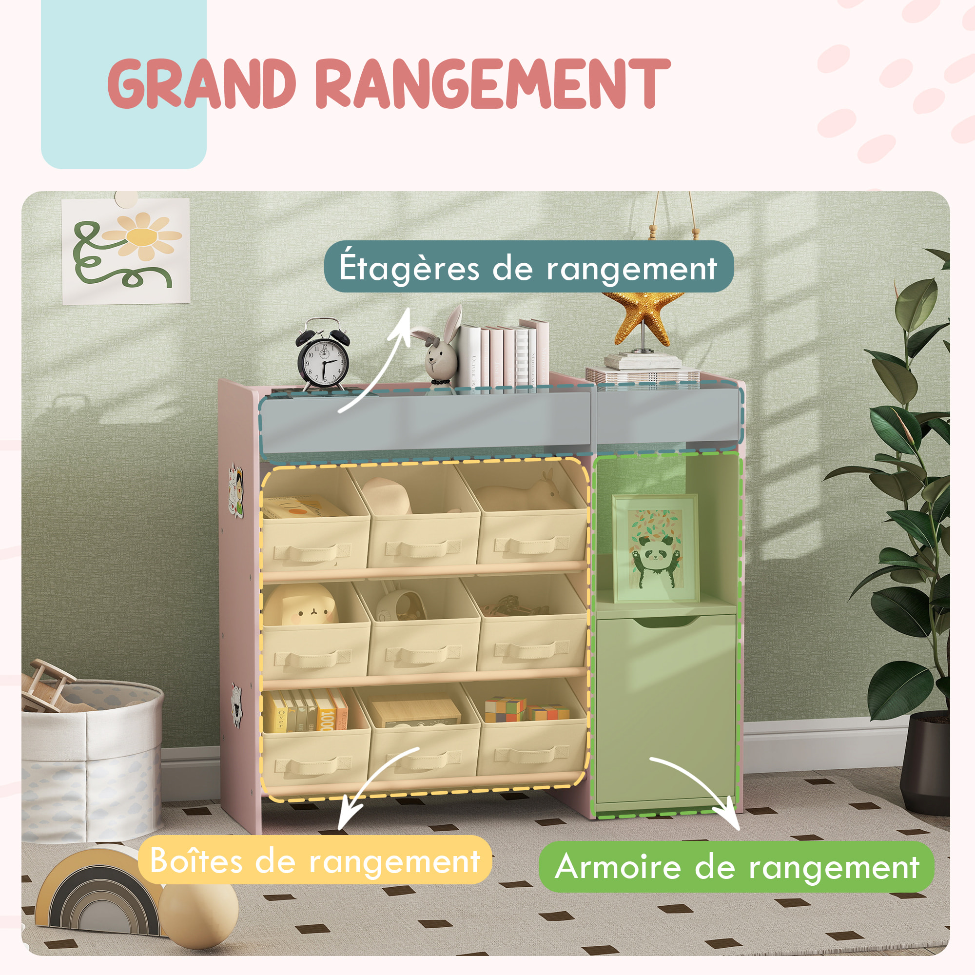 Etagère de rangement enfant pour jouets livres - 9 boîtes amovibles non-tissé - porte, niche, 2 compartiments - blanc rose