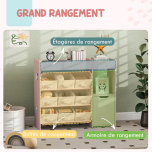 Etagère de rangement enfant pour jouets livres - 9 boîtes amovibles non-tissé - porte, niche, 2 compartiments - blanc rose