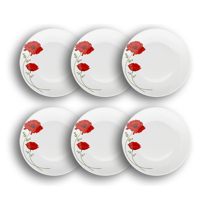 Lot de 6 assiettes plates porcelaine blanche avec dessin fleuri 27cm COQUELICOT
