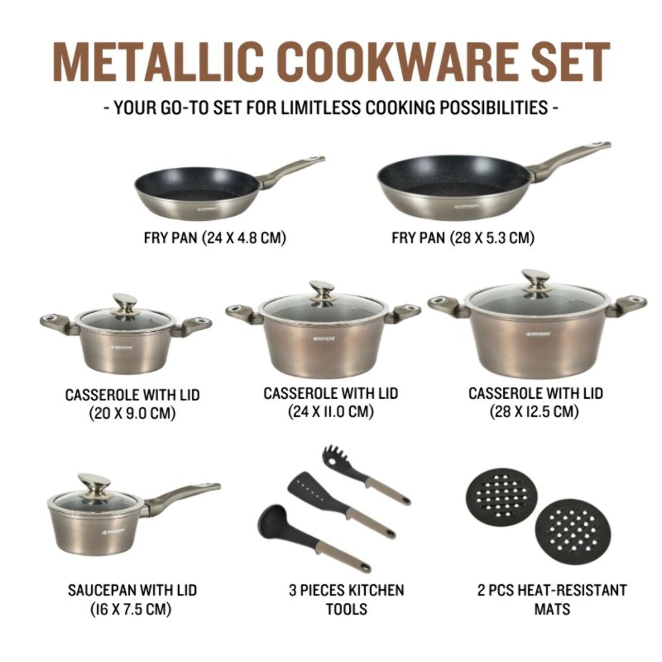 Batterie de cuisine 15 pièces avec revêtement en marbe Carbone Herzberg HGMETCR15-CAR