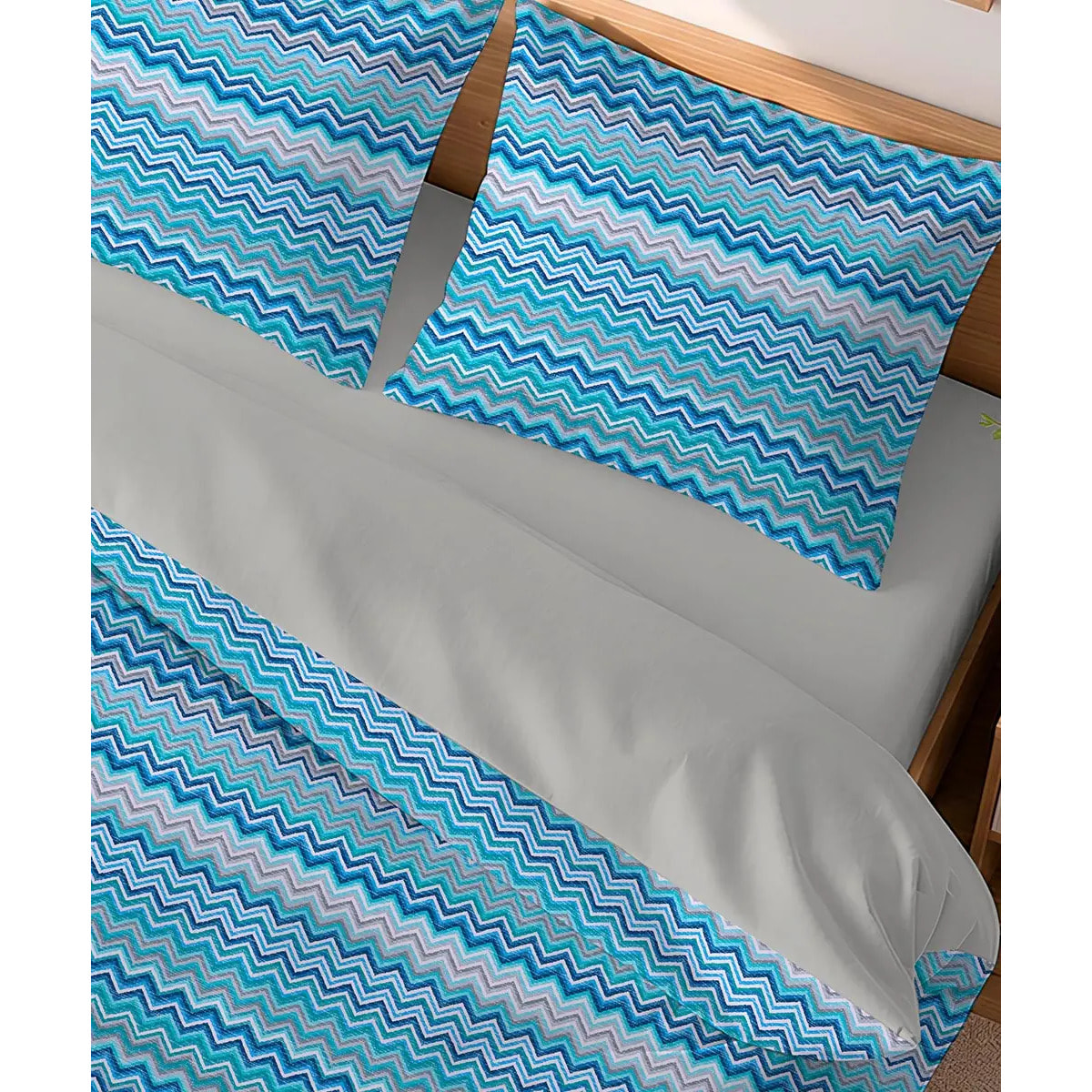 Parure Copripiumino Baia Azzurro per letto singolo in 100% Cotone e Made in Italy, zig zag moderno