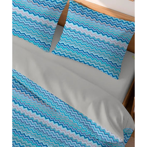 Parure Copripiumino Baia Azzurro per letto singolo in 100% Cotone e Made in Italy, zig zag moderno