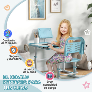 Juego de Escritorio y Silla para Niños de 6-12 Años Pupitre Infantil Altura Ajustable con 1 Cajón 1 Estante para Libros y Ángulo de Mesa Ajustable 80x49,5x82-104 cm Azul y Blanco