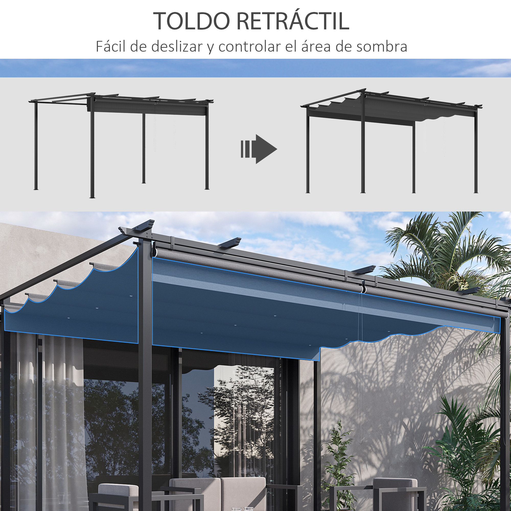 Pérgola de Jardín 4x3 m Cenador para Exterior con Techo Retráctil 4 Cortinas Enrollables de Poliéster y Marco de Metal para Patio Terraza Gris Oscuro