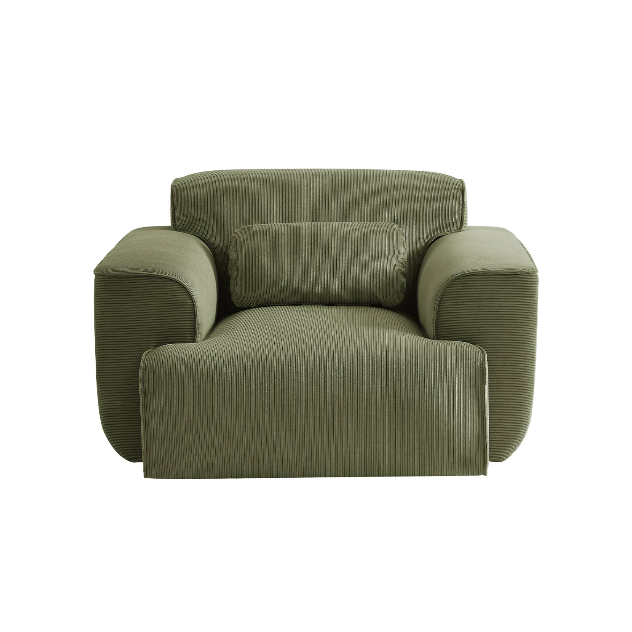 Fauteuil velours côtelé vert. lignes arrondies. coussin fourni. Wallas. L 116 x P 97 x H 73cm