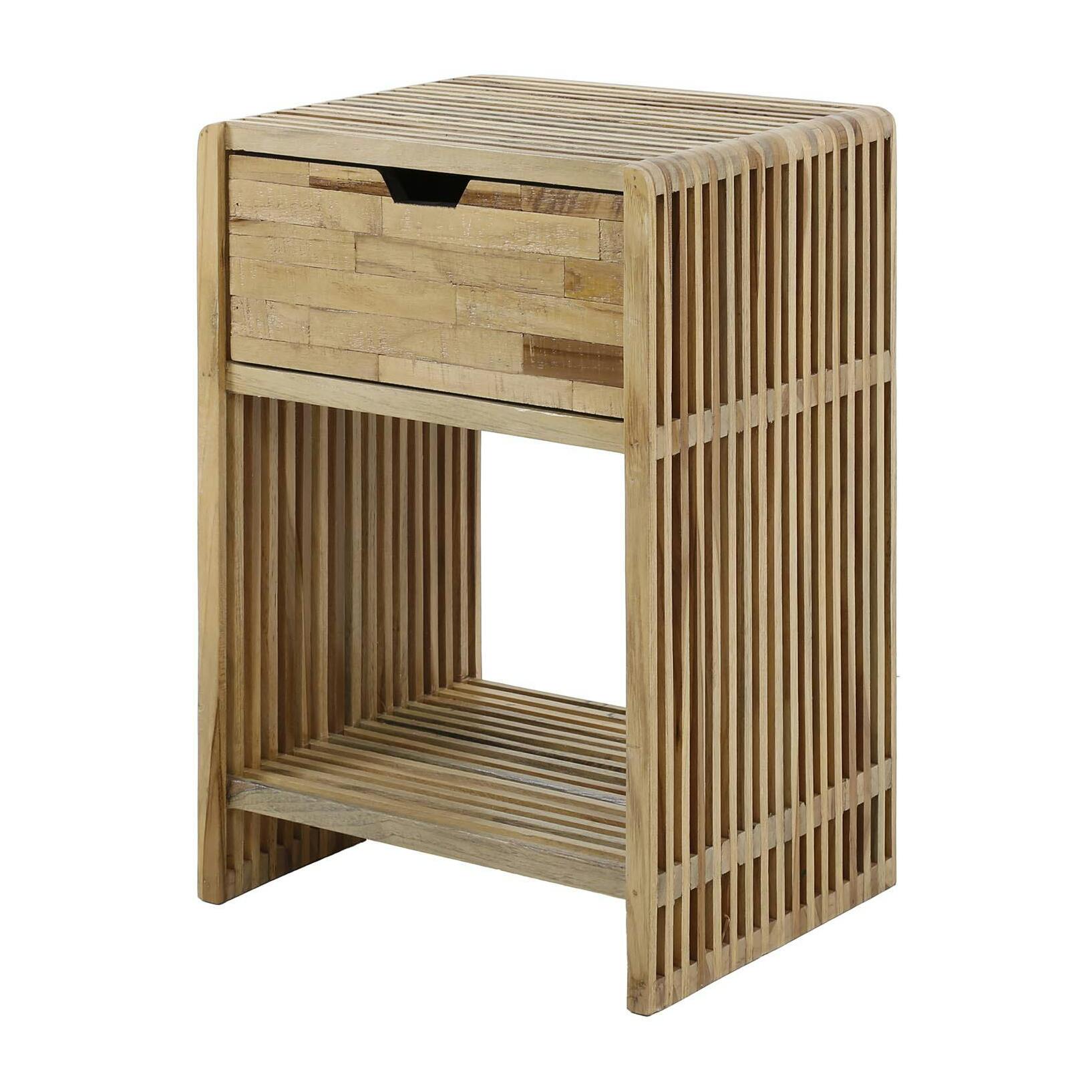 Table de chevet en bois de teck recyclé avec rainures 1 tiroir MAYA