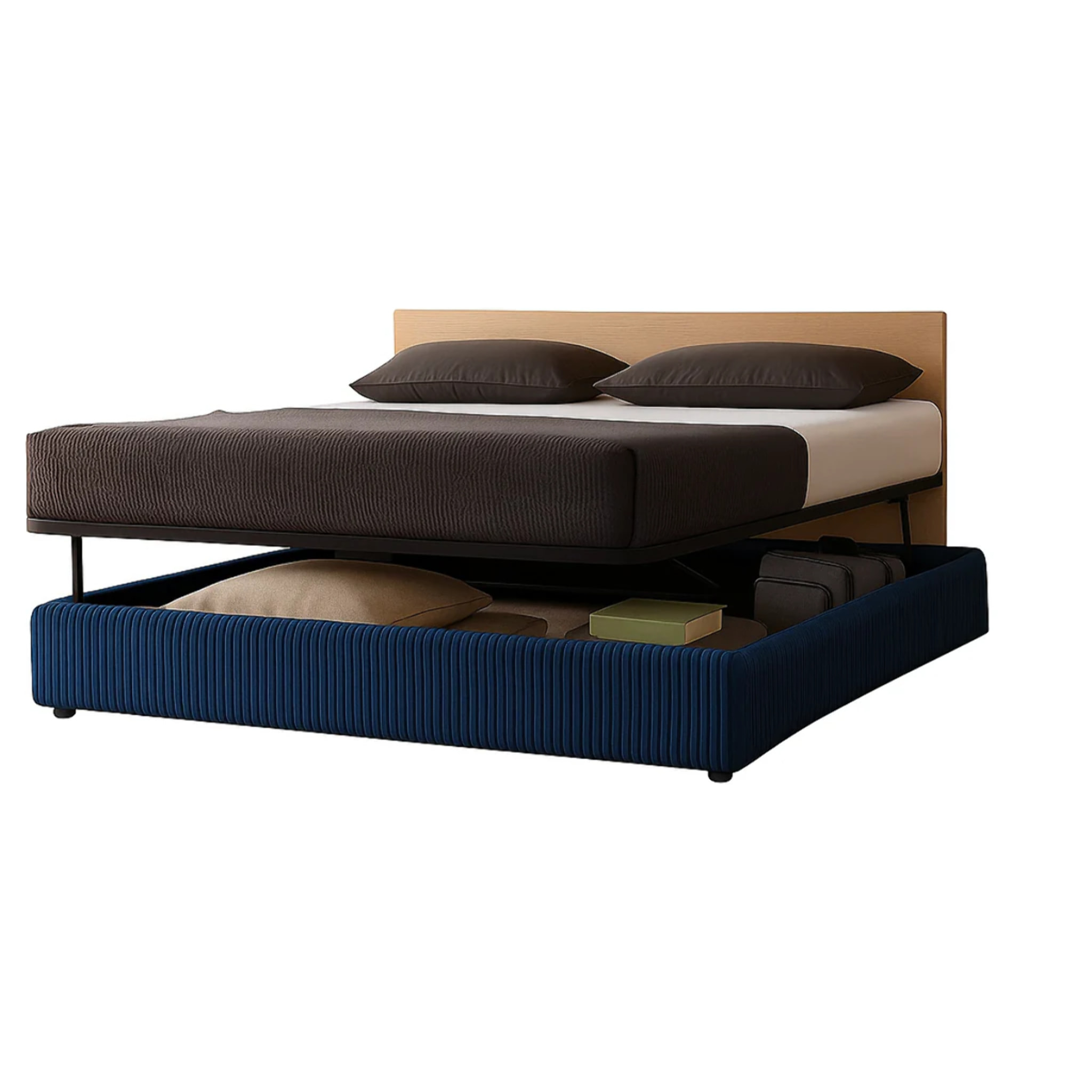 Lit coffre Parallèle | 3 Positions : Stocker, Faire Le lit, Repos | Espace de stockage jusqu'à 900 L | Velours côtelé | Bleu nuit