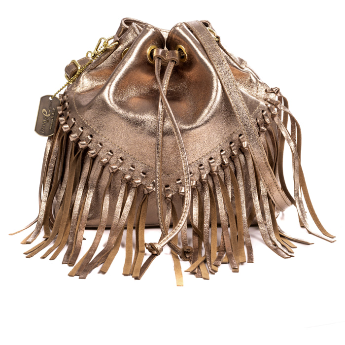 Arzana bolso bandolera piel auténtica gamuza laminada. Diseño exclusivo fruncido y borlas.