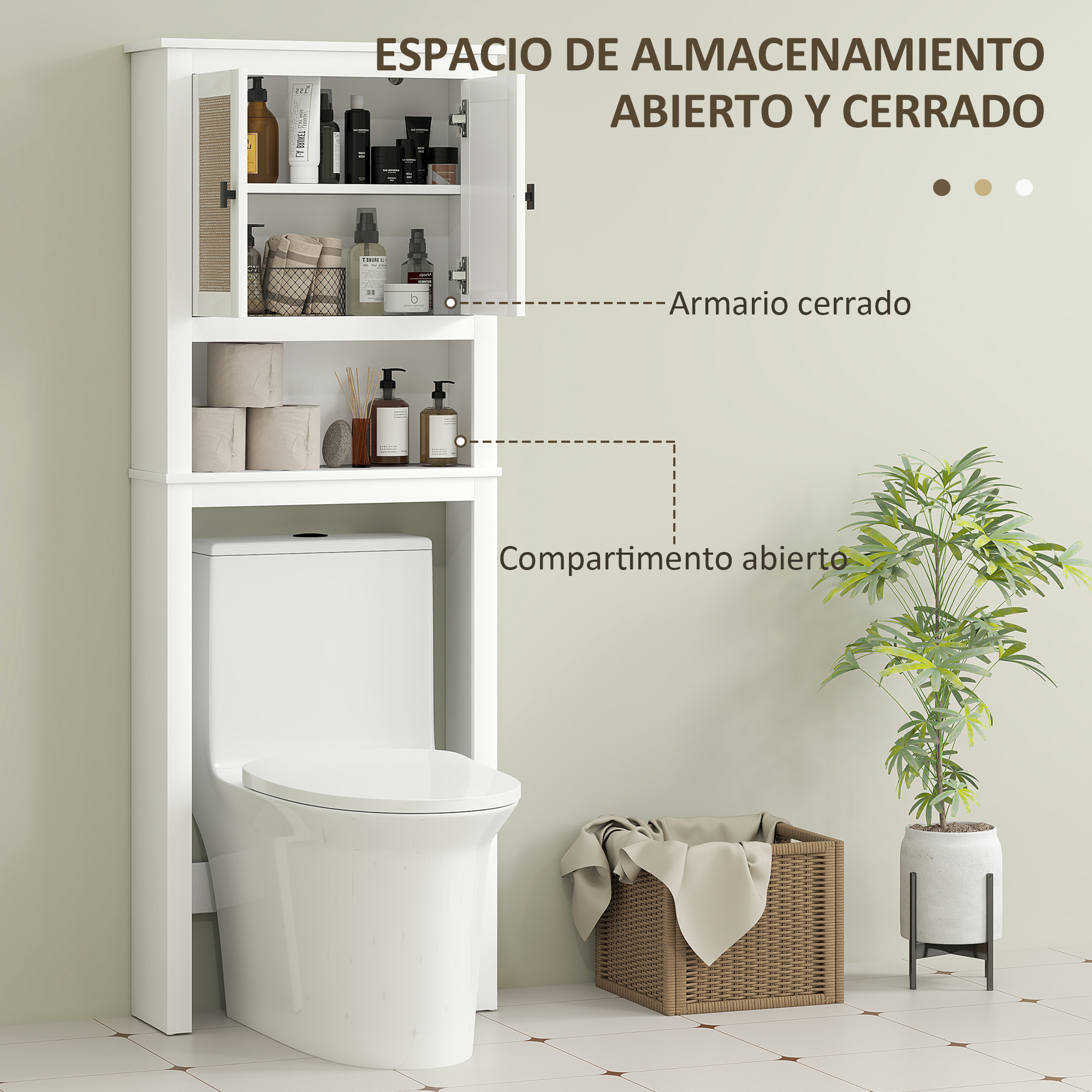 Mueble sobre Inodoro Estrecho Armario sobre Inodoro con 2 Puertas con Frontal de Ratán Compartimento y Estante Ajustable Mueble de Baño 60x19,5x160 cm Blanco