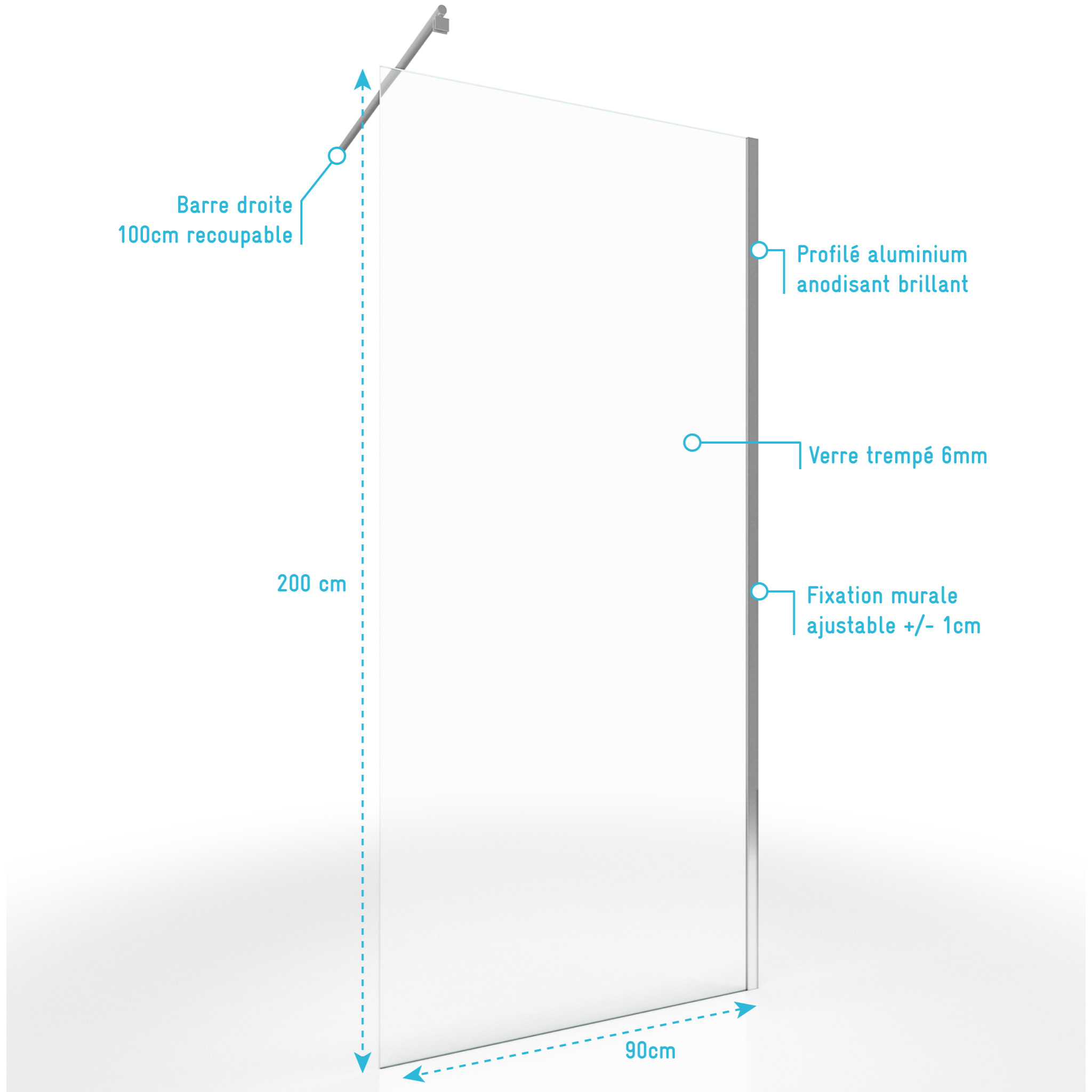 Paroi de douche a l'italienne - 90x200cm VERRE TRANSPARENT 6mm + Barre de fixation recoupable