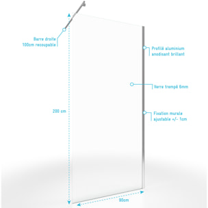 Paroi de douche a l'italienne - 90x200cm VERRE TRANSPARENT 6mm + Barre de fixation recoupable