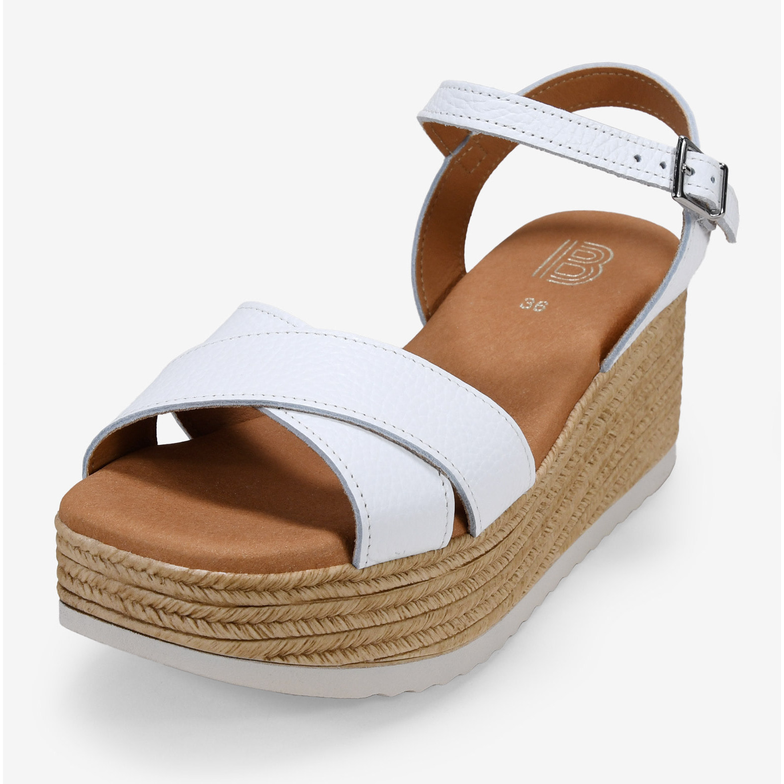 Sandalias de piel blancas con cuña y plataforma de esparto
