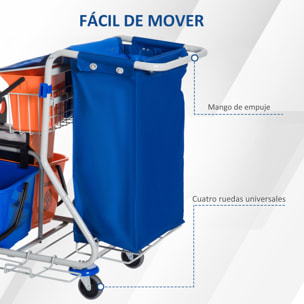 Carro de Limpieza Profesional con Doble Cubo Extraíble de 18 Litros Escurridor de Prensa 2 Cubetas Auxiliares y Bolsa de Basura 93x70x97 cm Azul y Naranja