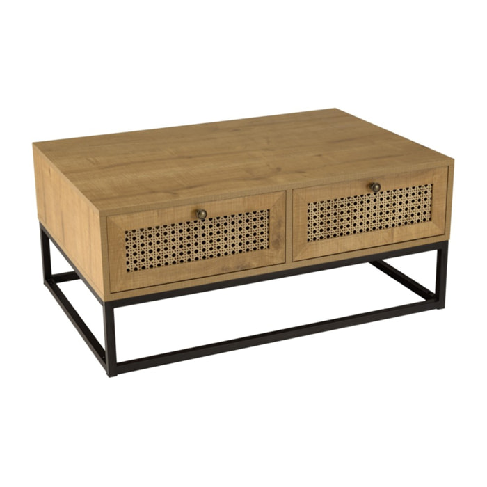 CHARLIE - Table basse marron 4 tiroirs effet cannage pieds métal noir