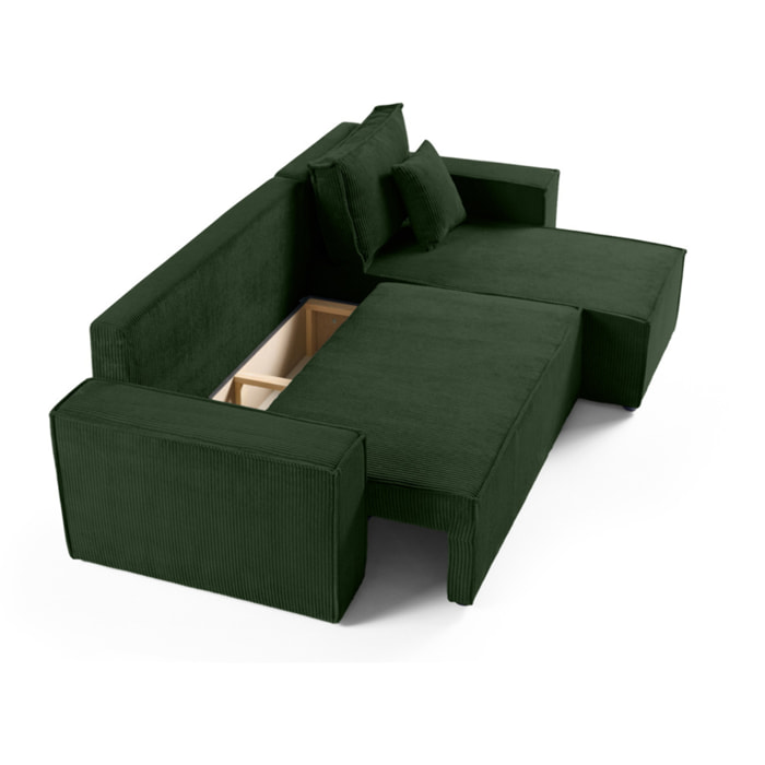 Cezanne - canapé d'angle réversible - 4 places - convertible avec coffre - en velours côtelé - Vert