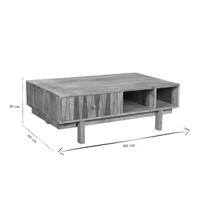 Table basse rectangulaire avec rangements bois manguier massif gravé et détails dorés L100 cm ZAIKA