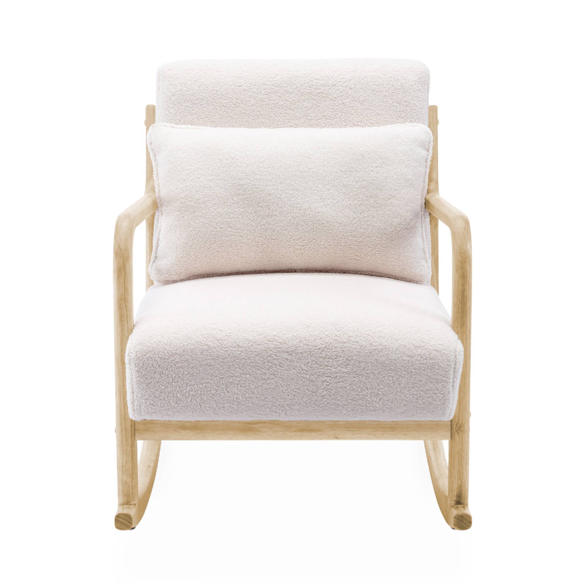 Fauteuil à bascule design en bois et tissu. bouclettes blanches. 1 place. rocking chair scandinave